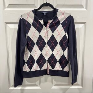 Lands’ End Argyle Knit Cardigan Sweater Navy Blue White Pink Size Medium Petite
